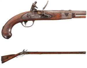 Flintlock pistol above and flintlock musket below